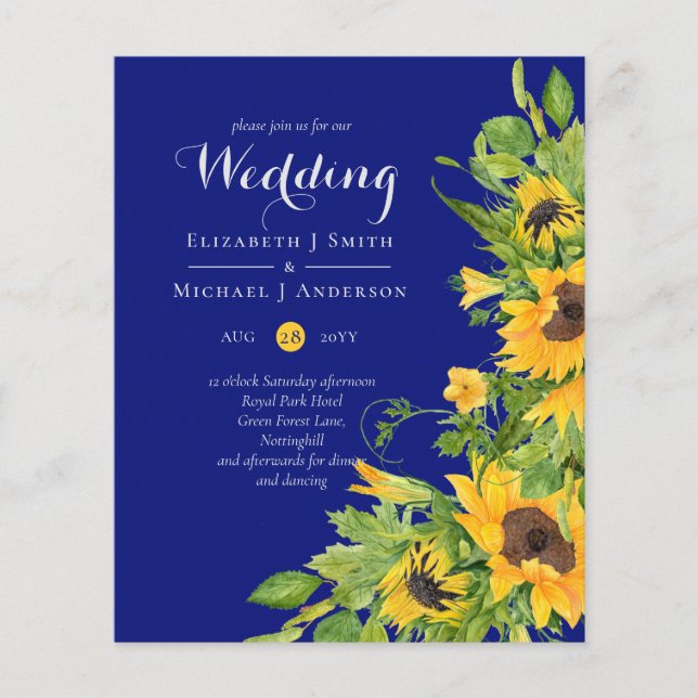 Navy Blue Sunflowers Wedding Invitations Budget (Front)