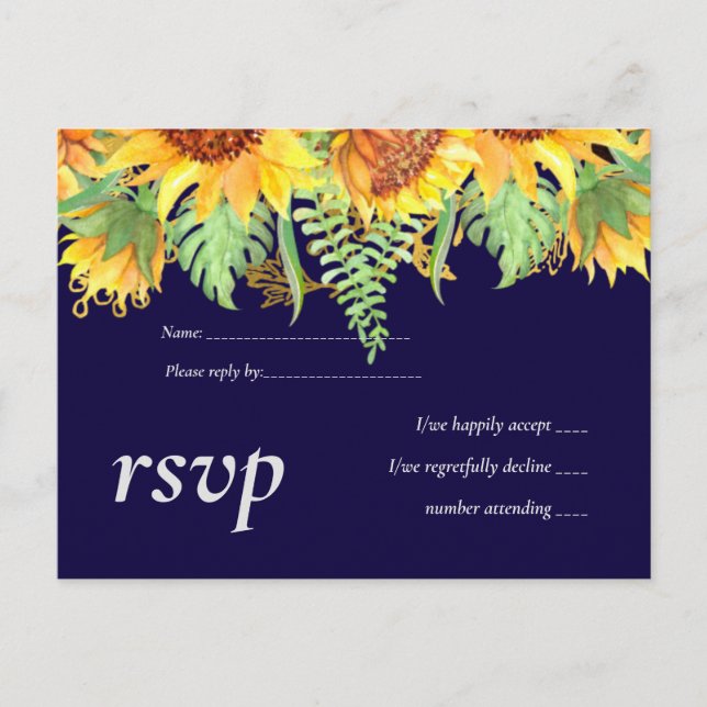 Navy Blue Sunflowers Wedding Modern Budget Invitation Postcard (Front)