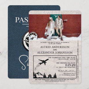 Navy Blue Sweden Passport Wedding Invitation