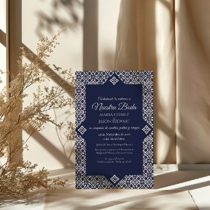 Navy Blue Talavera Formal Elegant Spanish Wedding Invitation