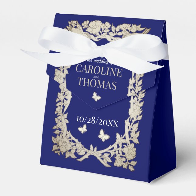 Navy Blue Tan Floral Foliage Ornate Wedding Favor Box (Front Side)