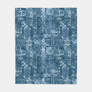 Navy Blue Tapa: Tribal Fabric Abstract Fleece Blanket