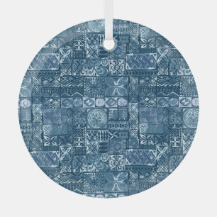 Navy Blue Tapa: Tribal Fabric Abstract Glass Ornament