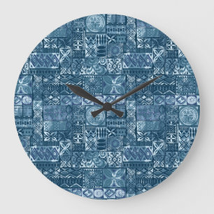 Navy Blue Tapa: Tribal Fabric Abstract Large Clock