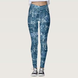 Navy Blue Tapa: Tribal Fabric Abstract Leggings