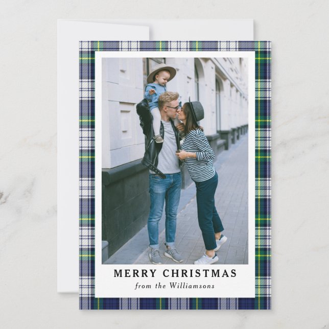 Navy Blue Tartan Plaid Photo Merry Christmas Card  (Front)