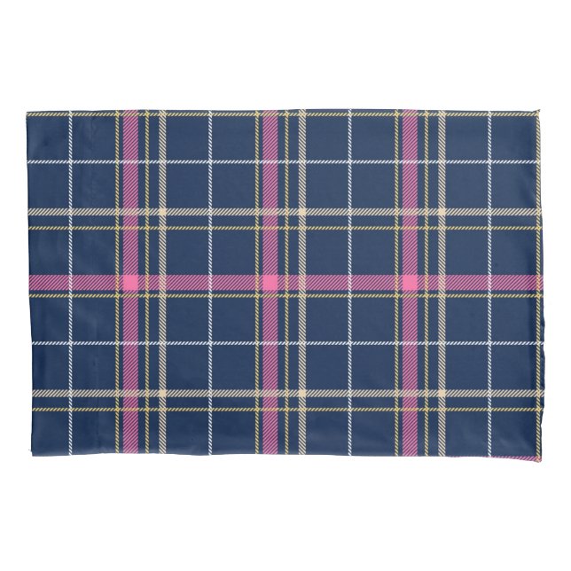 Navy Blue Tartan Plaid Pink White Yellow Lines Pillowcase (Front)