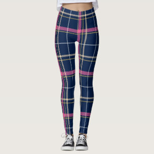 Navy Blue Tartan Plaid with Pink Stripe Leggings