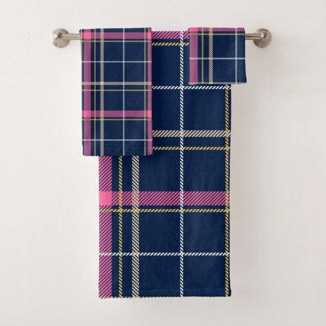 Navy Blue Tartan Plaid with Pink White Beige Bath Towel Set (Insitu)