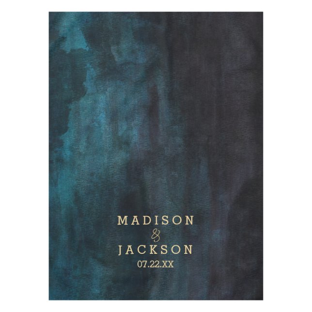 Navy Blue & Tea Watercolor & Gold Wedding Monogram Tablecloth (Front)