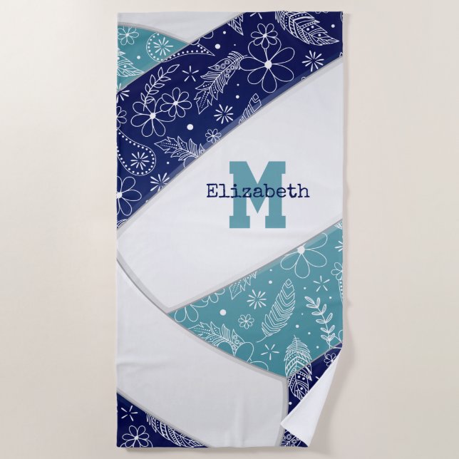 navy blue teal artsy boho doodle girls volleyball beach towel (Front)