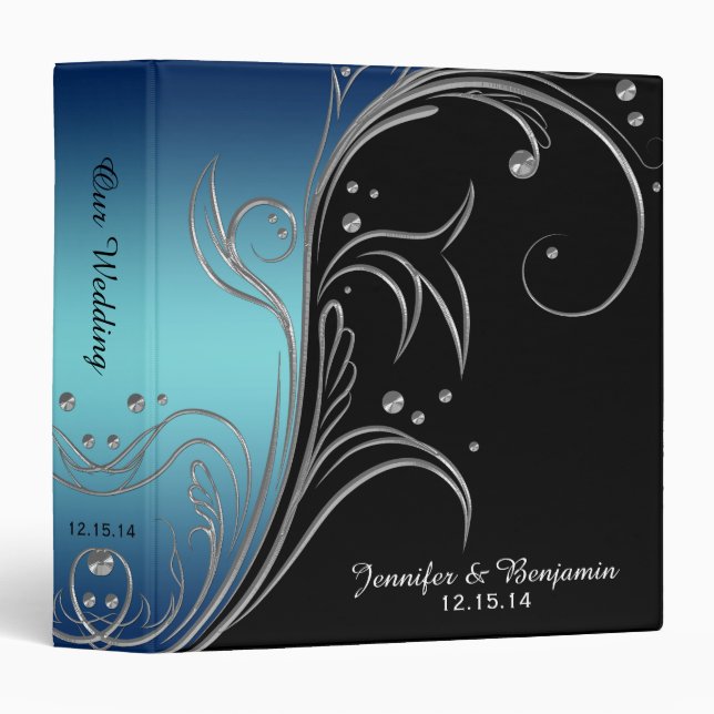 Navy Blue Teal Black Silver Floral Scrolls Album Binder (Front/Spine)