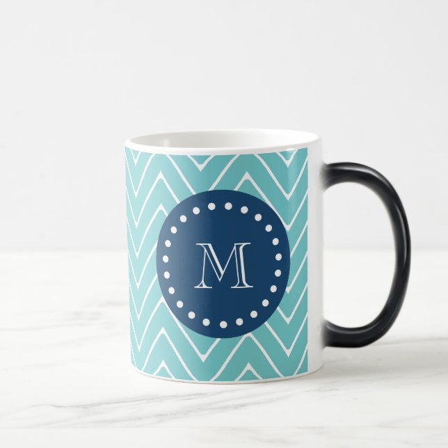 Navy Blue, Teal Chevron Pattern | Your Monogram Magic Mug (Right)