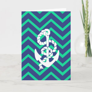 Navy Blue & Teal Chevrons White Anchor Nautical Card