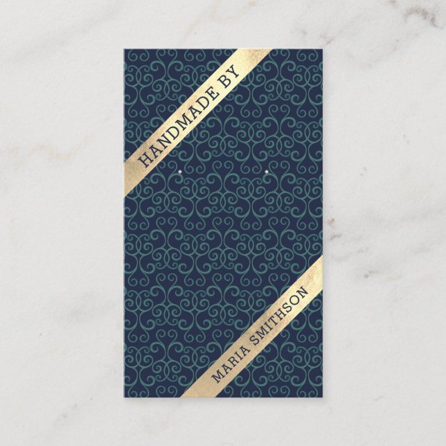 Navy Blue Teal Damask Pattern Earring Display Card (Front)