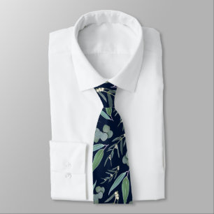 Navy Blue Teal Eucalyptus Greenery Pattern Tie