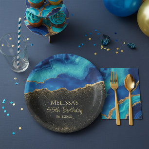 Navy Blue Teal Gold Glitter Abstract Watercolor  Paper Plate