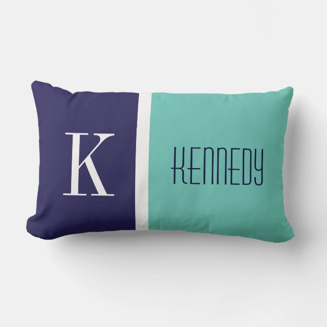 Navy Blue Teal Green Colour Block Stripe Monogram Lumbar Pillow (Front)