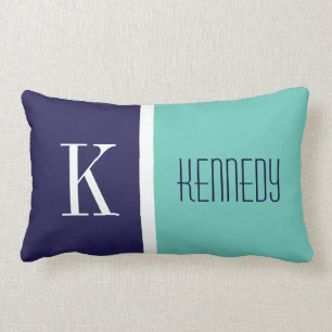 Navy Blue Teal Green Colour Block Stripe Monogram Lumbar Pillow