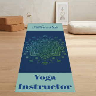 Navy Blue Teal Holy Lotus Mandala Yoga Instructor Mat
