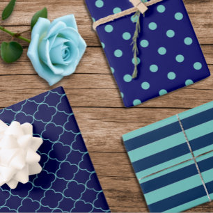 Navy Blue Teal Patterned Wrapping Paper Sheets