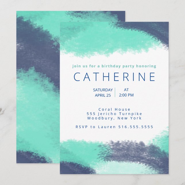 Navy Blue Teal watercolor Brush Strokes Birthday Invitation (Front/Back)