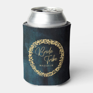 Navy Blue Teal Watercolor Gold Wedding Bride Tribe Can Cooler