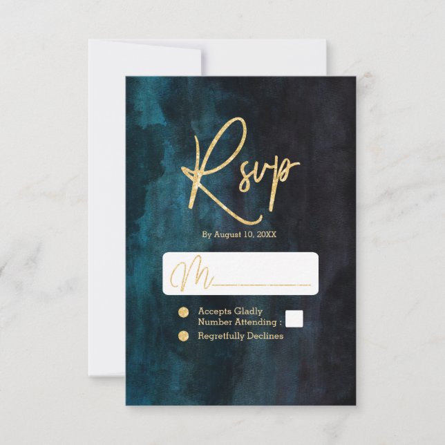 Navy Blue & Teal Watercolor & Gold Wedding RSVP Card (Front)