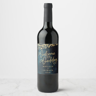 Navy Blue Teal Watercolor & Gold Wedding Welcome Wine Label