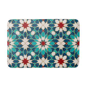 Navy Blue Teal White Red Marble Moroccan Mosaic Bath Mat