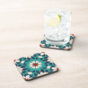 Navy Blue Teal White Red Marble Moroccan Mosaic  Coaster
