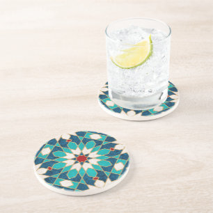 Navy Blue Teal White Red Marble Moroccan Mosaic Coaster