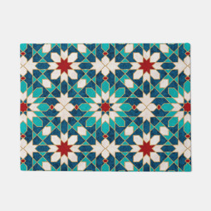 Navy Blue Teal White Red Marble Moroccan Mosaic  Doormat