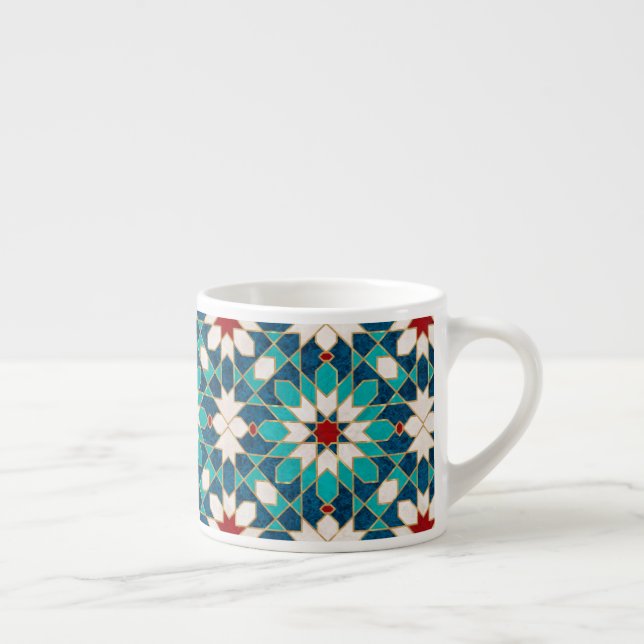 Navy Blue Teal White Red Marble Moroccan Mosaic Espresso Cup (Right)