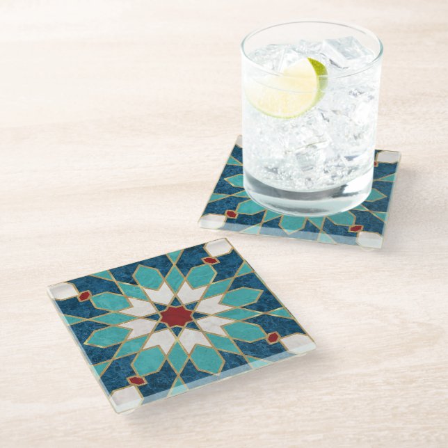 Navy Blue Teal White Red Marble Moroccan Mosaic Glass Coaster (Angled)