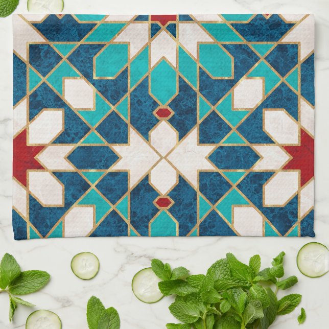 Navy Blue Teal White Red Marble Moroccan Mosaic  Kitchen Towel (Folded)