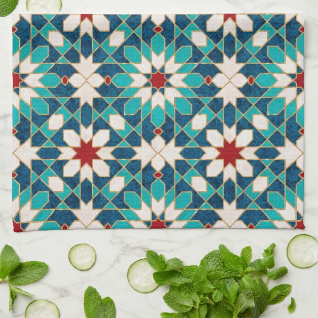 Navy Blue Teal White Red Marble Moroccan Mosaic Kitchen Towel (Folded)