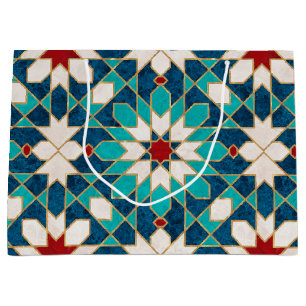 Navy Blue Teal White Red Marble Moroccan Mosaic   Large Gift Bag