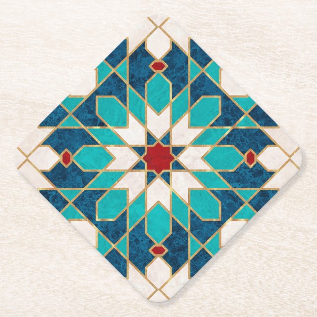 Navy Blue Teal White Red Marble Moroccan Mosaic Paper Coaster (Front)