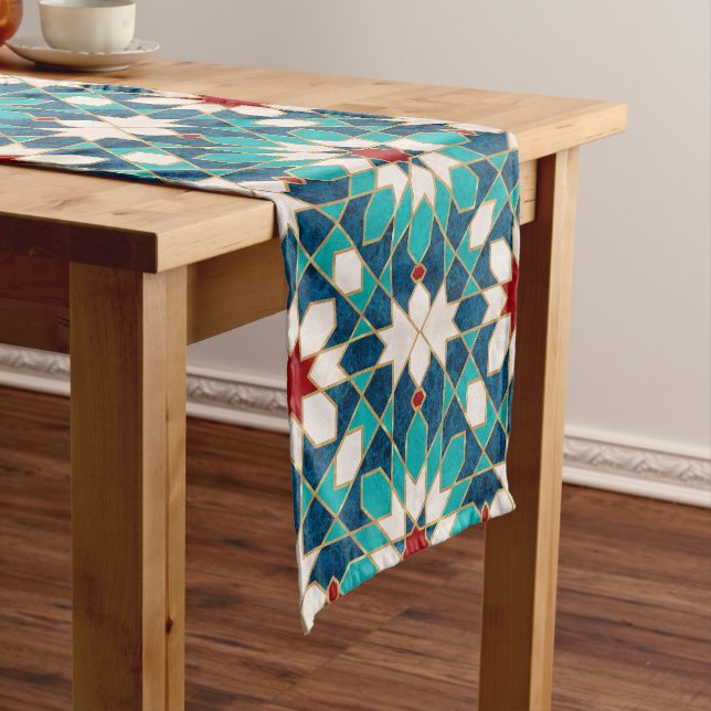 Navy Blue Teal White Red Marble Moroccan Mosaic Short Table Runner (In Situ)