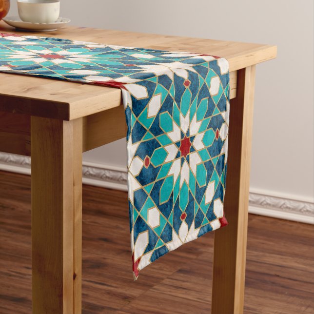 Navy Blue Teal White Red Marble Moroccan Mosaic Short Table Runner (In Situ)