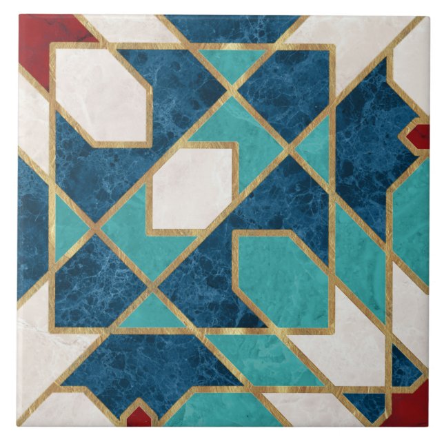 Navy Blue Teal White Red Marble Moroccan Mosaic Tile (Front)