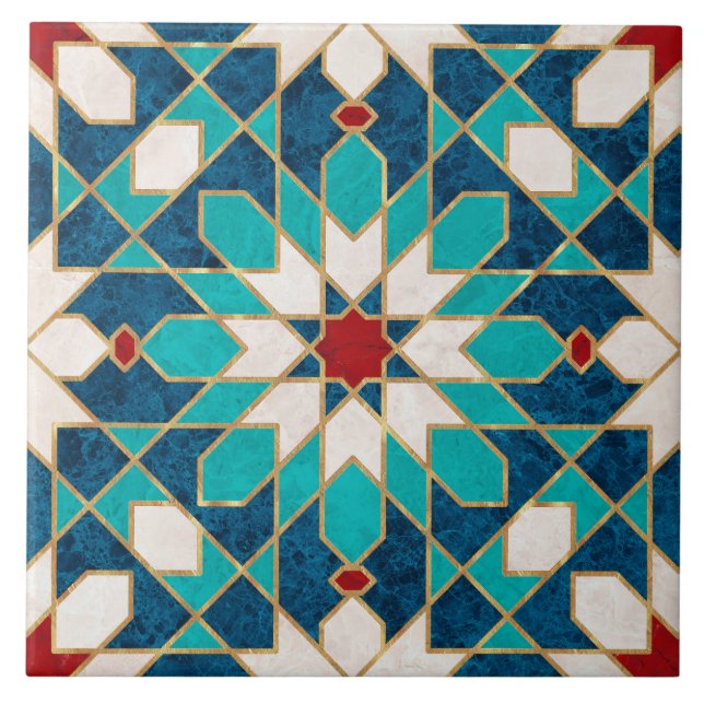 Navy Blue Teal White Red Marble Moroccan Mosaic Tile (Front)