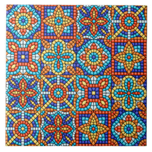 Navy Blue Teal White Red Marble Moroccan Mosaic  Tile