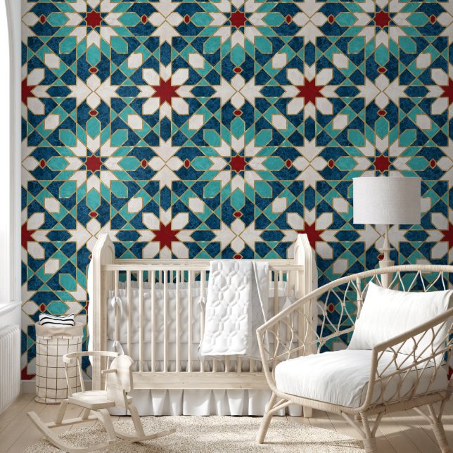 Navy Blue Teal White Red Marble Moroccan Mosaic Wallpaper (Kids)