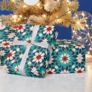 Navy Blue Teal White Red Marble Moroccan Mosaic  Wrapping Paper