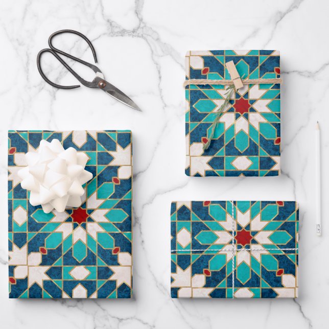 Navy Blue Teal White Red Marble Moroccan Mosaic   Wrapping Paper Sheet (Front)