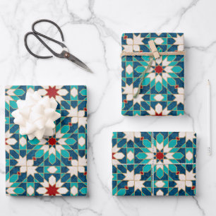 Navy Blue Teal White Red Marble Moroccan Mosaic   Wrapping Paper Sheet