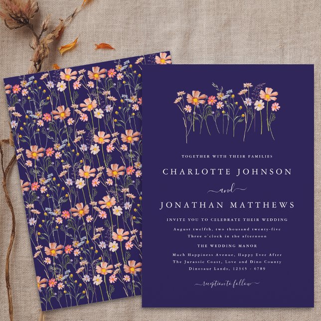 Navy Blue Terracotta Boho Fall Wildflower Wedding  Invitation (Boho fall Wildflower floral navy blue terracotta blush pink orange Wedding invitation)