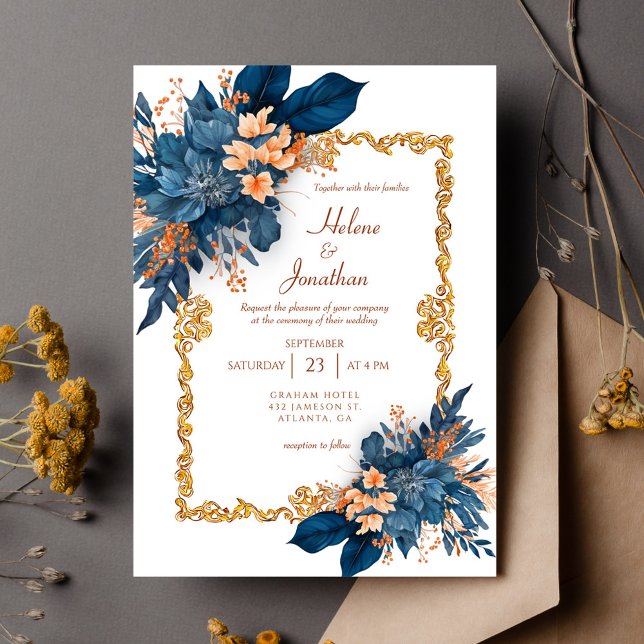 Navy Blue Terracotta Classic Elegant Wedding Invitation (Navy Blue Terracotta Classic Elegant Wedding Invitation)